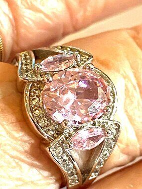 3 Stone Pink Sapphire Sterling Silver .925 Ring W/Sparkling Accents Size 8.5-9